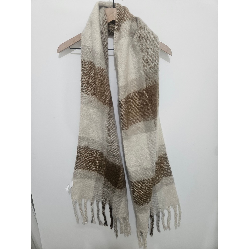 Neutral Plaid Oversized Blanket Scarf Brown Cream Tan Fringe Knit Wrap OS